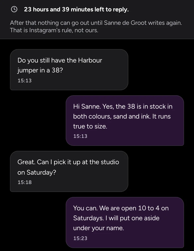 A conversation headed by the line: 23 hours and 39 minutes left to reply. After that nothing can go out until Sanne de Groot writes again. That is Instagram's rule, not ours.